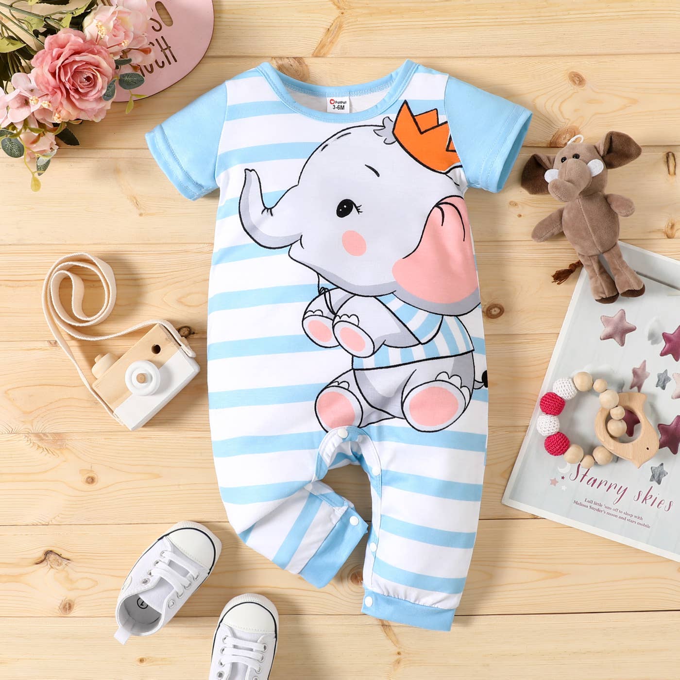+Baby Boy/Girl Elephant Striped/Dots Naia™ Jumpsuit: Light Blue / 3-6 Months