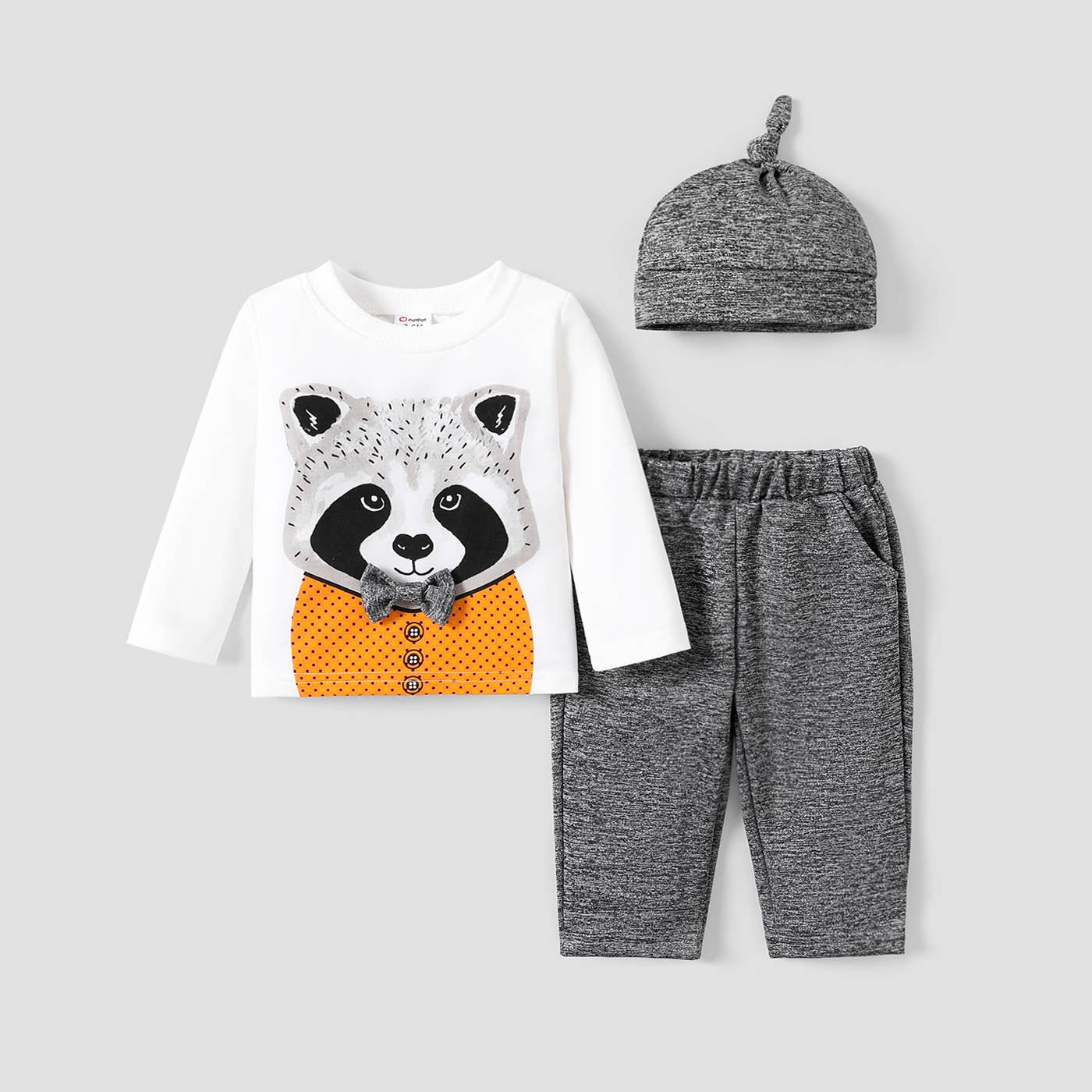 +3PCS Baby Boy Racoon Tee/ Pant/Hat Set: Dark Grey / 9-12 Months