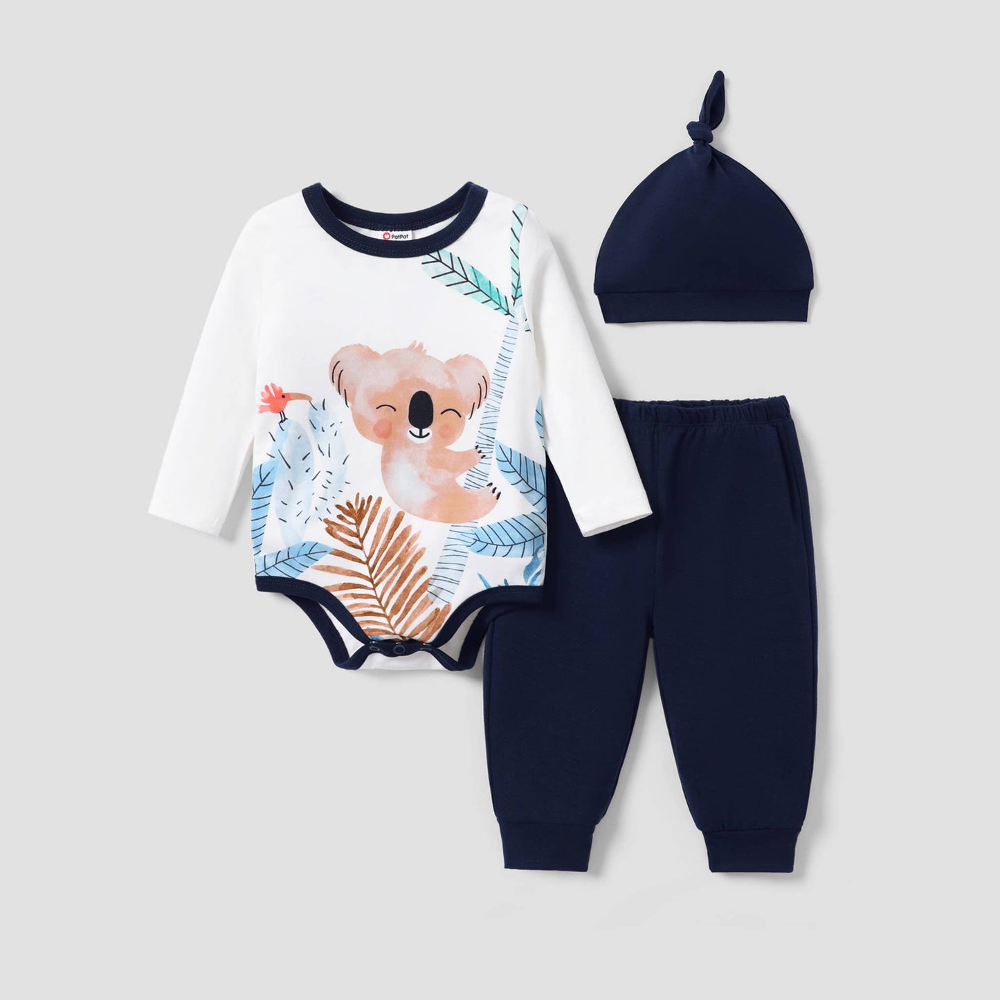 +3pcs Baby Boy Koala Animal Pattern Long Sleeve Set: Blueblack / 0-3 Months